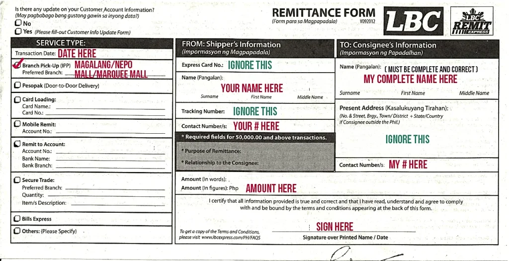 LBC Peso Pak Remittance Form